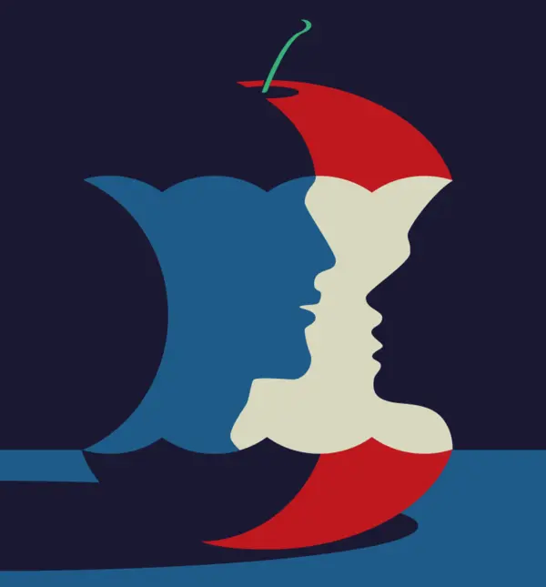 A vector graphic of an apple with the bite mark and shadow representing a man and woman about to kiss