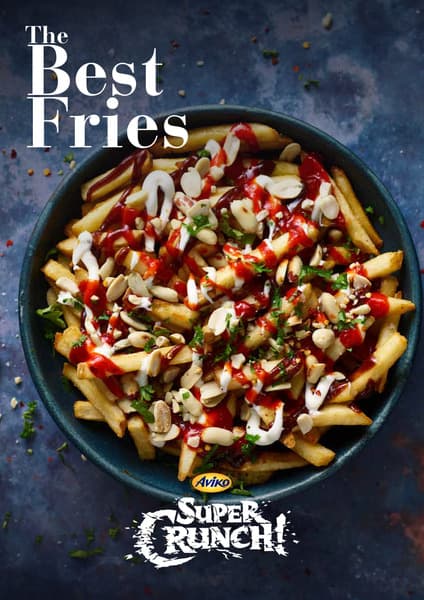 Fast food brochure front cover showing a bowl of loaded fries