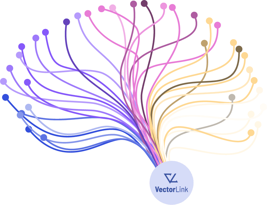 Graphic design of a brain leading to the VectorLink logo