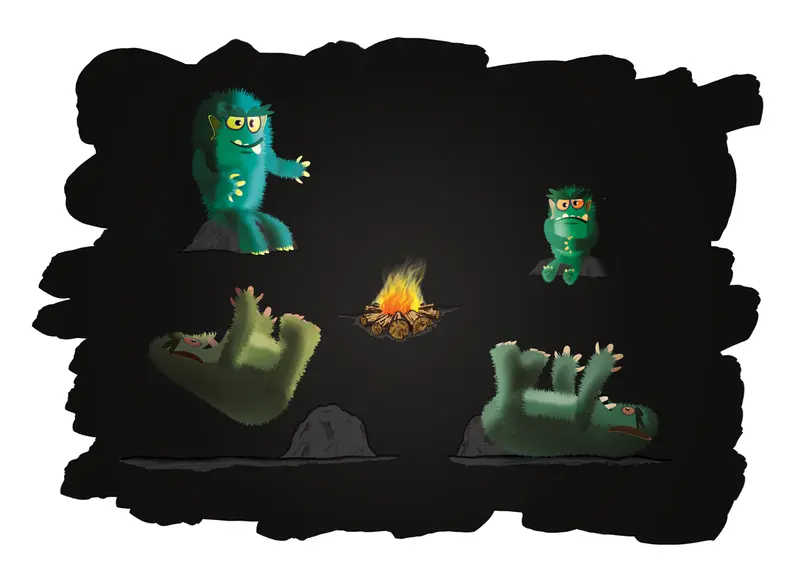 Children's book illustration showing 4 trolls sat in a cave around a camp fire