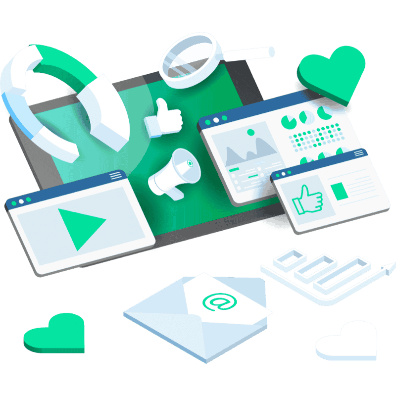 Graphic design of marketing related screens, charts and icons depicting execution and delivery services