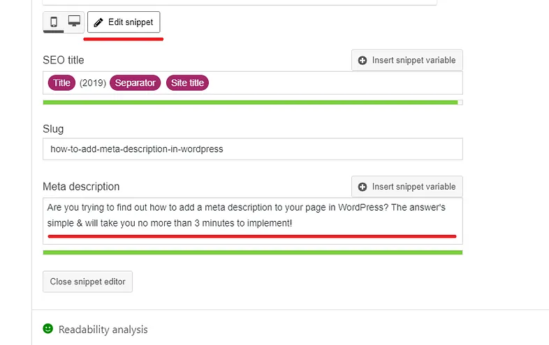 Screenshot of WordPress Yoast interface that allows users to add the page metadata